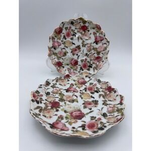 A Special Place Floral Rose Chintz Saucers Set of 2 Gold Trim Scalloped 6 inch